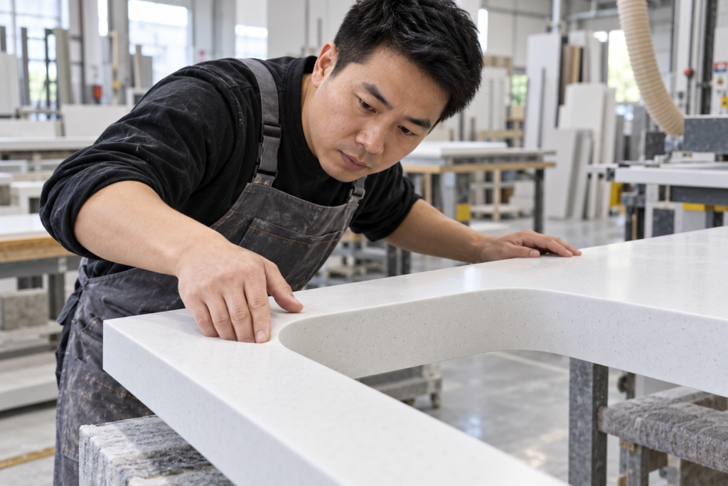 Fabricator inspecting a rounded solid surface countertop cutout in a workshop